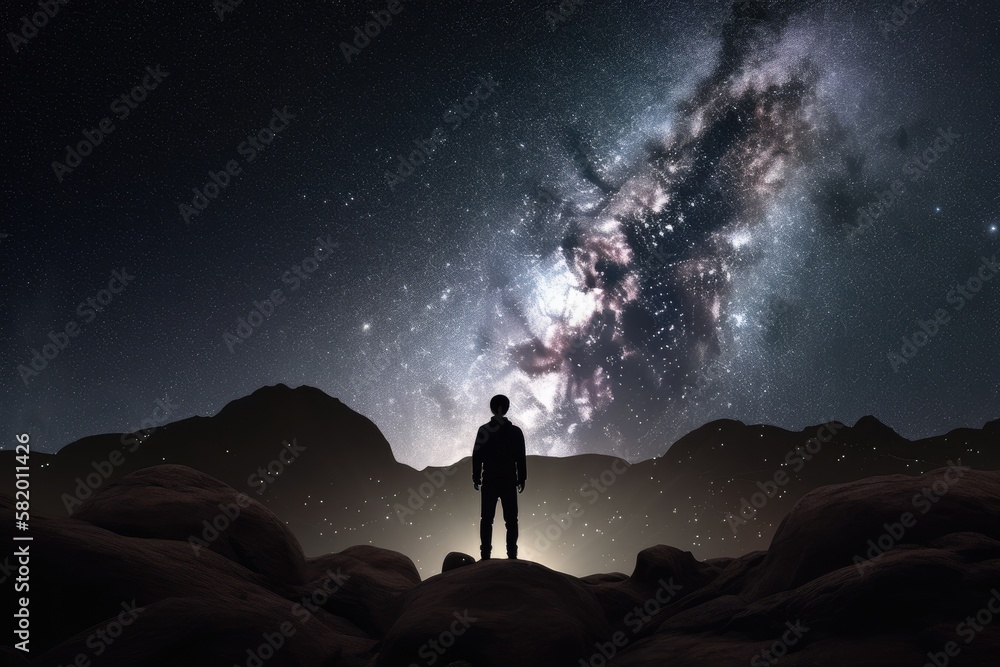 A man stands watching with wonder and amazement as the moon and milky way galaxy fill the night sky. Night time landscape. Photo composite. Generative AI
