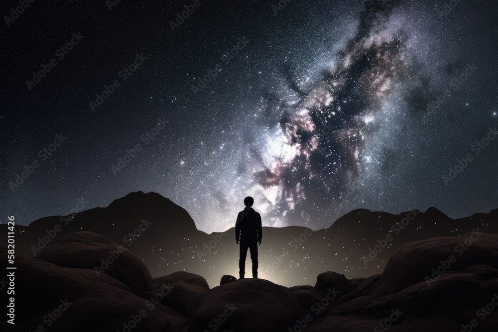 Fototapeta premium A man stands watching with wonder and amazement as the moon and milky way galaxy fill the night sky. Night time landscape. Photo composite. Generative AI