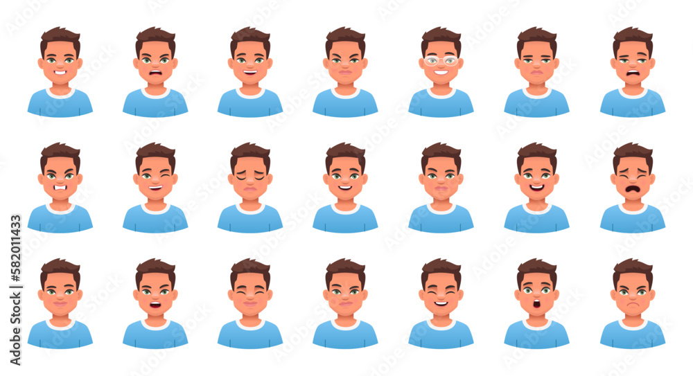 Set of different emotions of a cute white child. Smile, happiness, anger, joy, surprise, fear, etc. Facial expression of handsome boy in blue t-shirt. Set of different emotions of a cute white child. Smile, happiness, anger, joy, surprise, fear, etc. Facial expression of handsome boy in blue t-shirt.