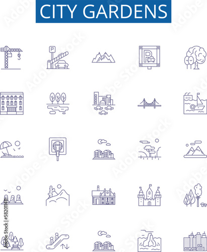 City gardens line icons signs set. Design collection of Urban, Park, Green, Plaza, Vegetation, Lawns, Paths, Walkways outline concept vector illustrations