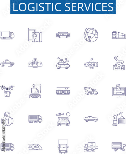Logistic services line icons signs set. Design collection of Logistics, Services, Shipping, Delivery, Cargo, Freight, Warehousing, Dispatch outline concept vector illustrations