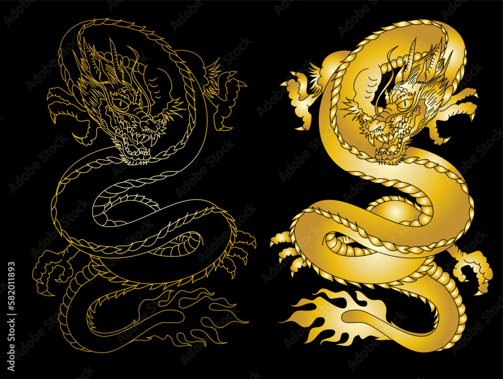 Obraz premium Traditional Japanese dragon with cherry blossom and wave for tattoo design.Hand drawn Chinese dragon for printing on shirt.Beautiful line art of dragon vector for painting on white isolated background
