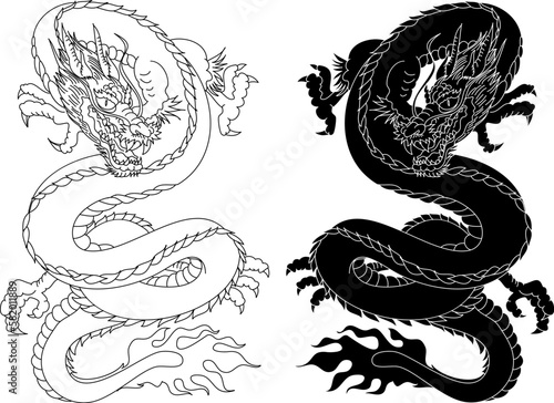 Traditional Japanese dragon with cherry blossom and wave for tattoo design.Hand drawn Chinese dragon for printing on shirt.Beautiful line art of dragon vector for painting on white isolated background