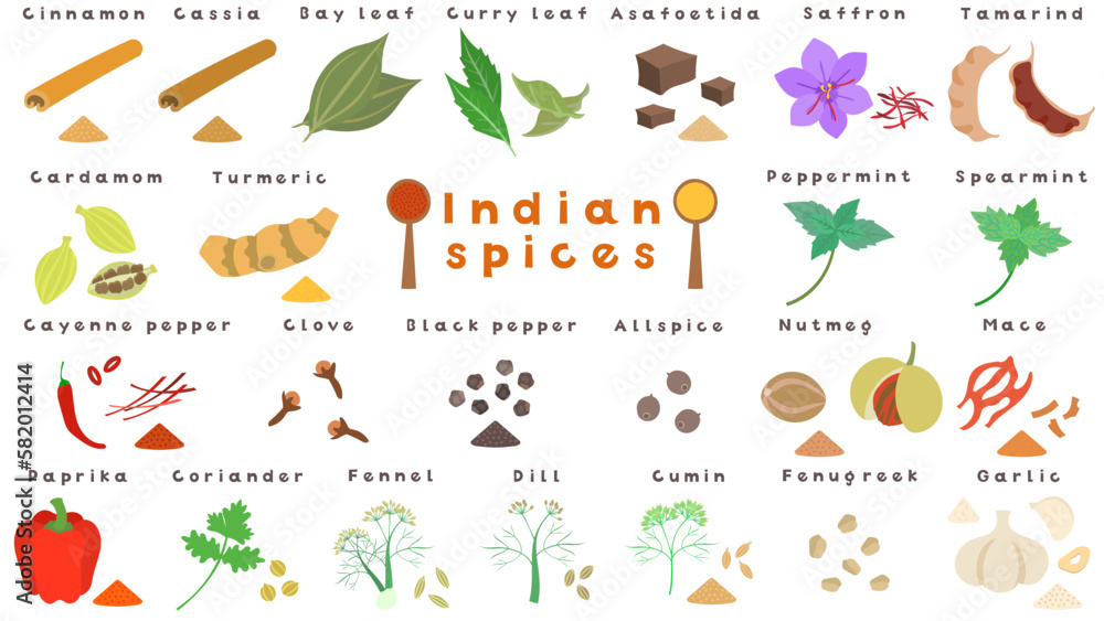 Obraz premium インドのスパイス。フラットなベクターイラストセット。 Indian spices. Flat designed vector illustration set.