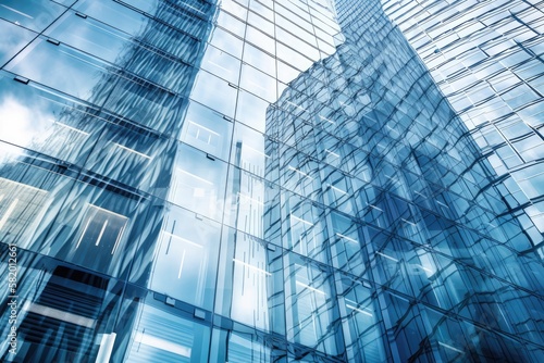 Abstract business modern metropolis urban futuristic architecture background  motion blur  high rise skyscraper facade reflection in glass  and toned blue image with bokeh. a real estate idea