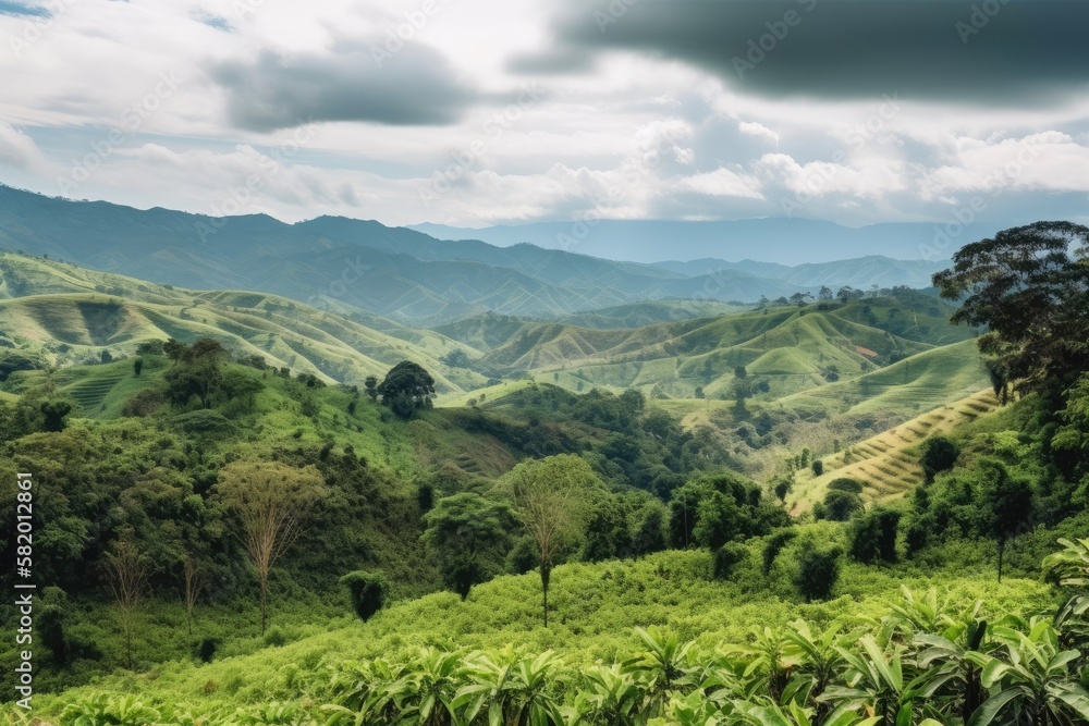 Colombian landscape in the coffee region. Generative AI
