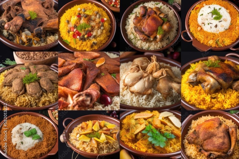 Arabic Cook Collage from different pictures of Arabic traditional food bowls Kabsa ...