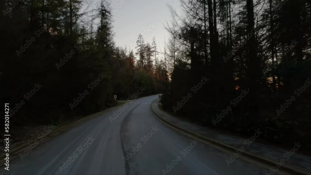 Driving in Stanley Park during winter Sunset. Downtown Vancouver, British Columbia, Canada. Adventure Travel. Slow Motion Cinematic Driving in Stanley Park during winter Sunset. Downtown Vancouver, British Columbia, Canada. Adventure Travel. Slow Motion Cinematic