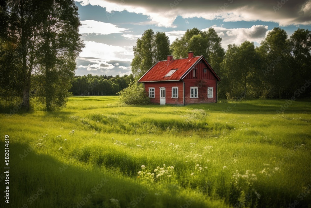 Beautiful red house on a green field grass in Sweden. Generative AI Beautiful red house on a green field grass in Sweden. Generative AI
