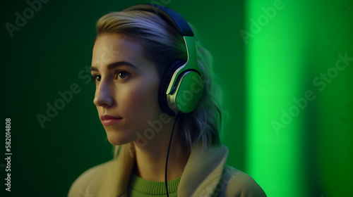 beautiful woman listening to music with headphones, on a green background