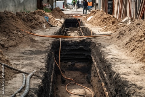 construction of a 5G network Data cable and plastic coils in a trench underneath. Fast internet via fiber optic connection. Area of residential homes. Generative AI photo