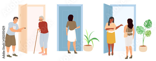 People opening doors, entering, exiting scene set