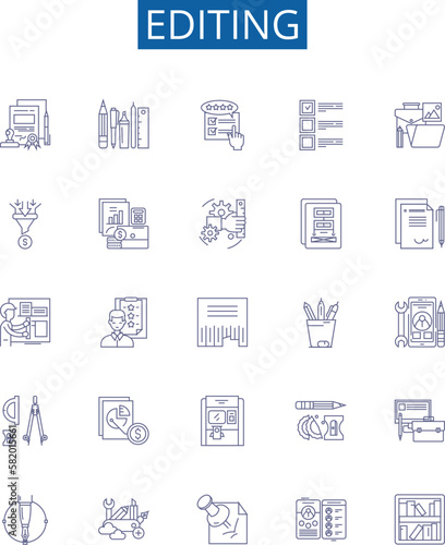 Editing line icons signs set. Design collection of Edit, Revise, Modify, Adjust, Tweak, Refine, Polish, Correct outline concept vector illustrations