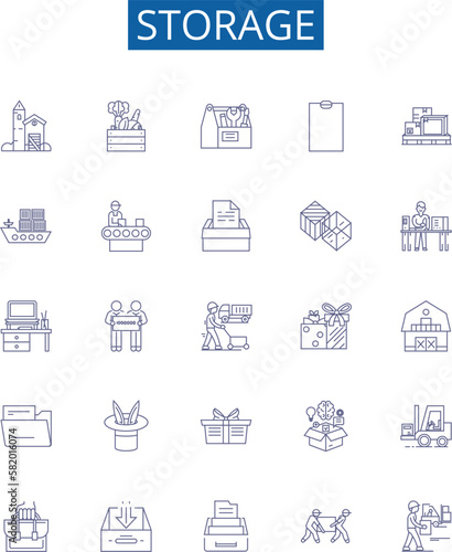Storage line icons signs set. Design collection of Storage, preservation, stocking, stockpiling, keeping, cache, collection, containment outline concept vector illustrations
