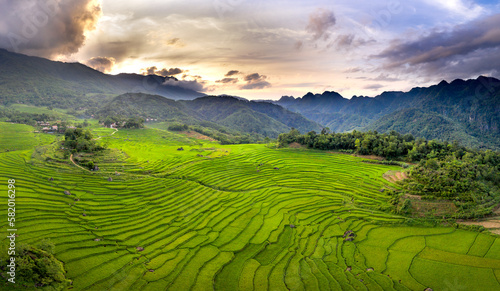Panoramic view of beautiful green terraces of Pu Luong commune, Thanh Hoa province, Vietnam