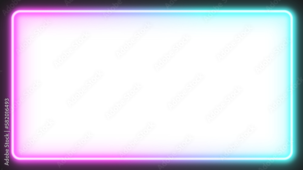 Rectangular frame in blue and pink neon style. The outside of the frame is black and the center is transparent.