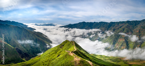 majestic scenery of Ta Xua mountain. Travelers experience on the trail of dinosaurs spine and the top of the mountains Ta Xua. This is a very popular tourist destination in Son La province, Vietnam