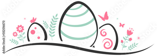 Painted easter eggs with butterflies and spring flowers. Line Art vector design banner