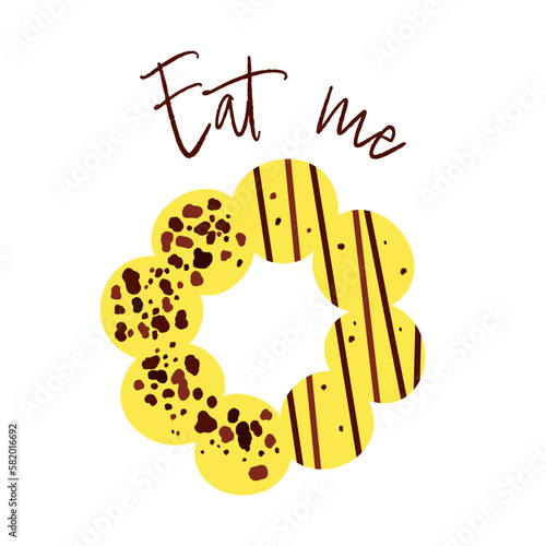 Yellow mochi donuts with chocolate crumb and topping. The phrase eat me. Cartoon vector illustration.