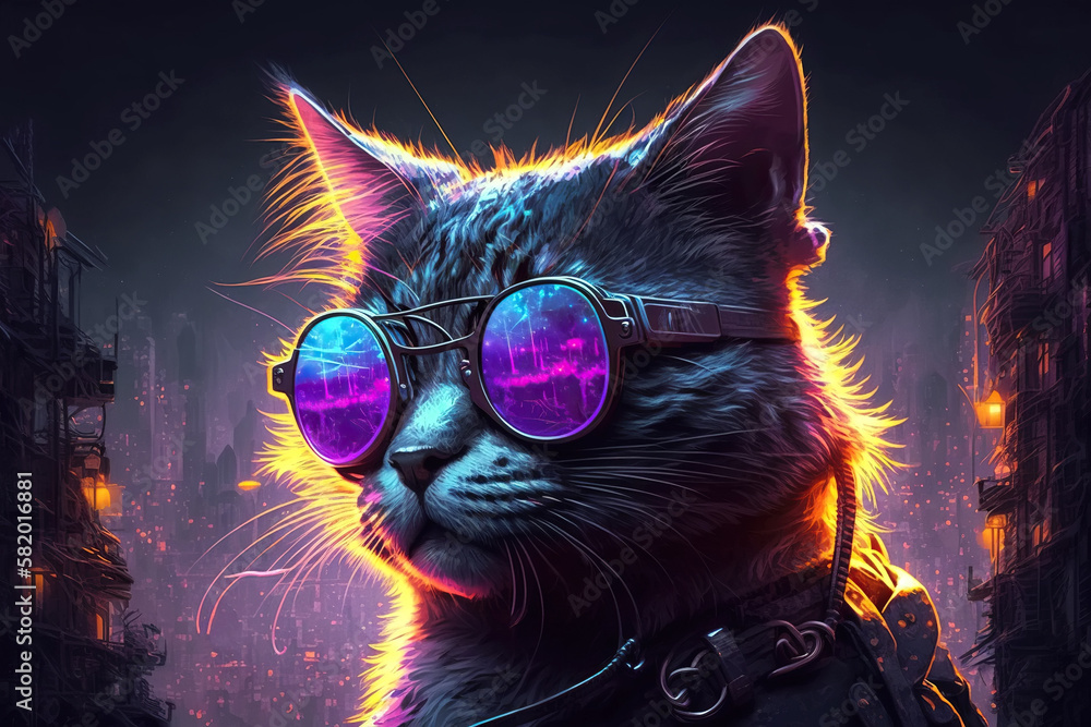portrait of detective cat in cyberpunk sunglasses with neon light ...