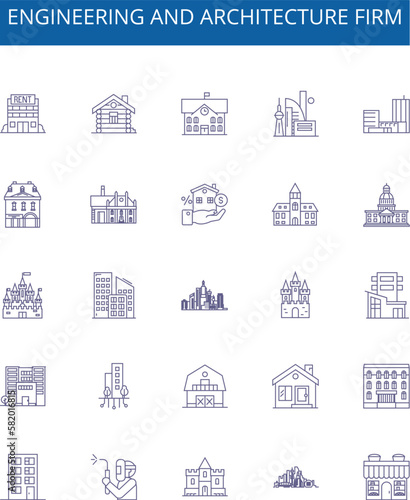 Engineering and architecture firm line icons signs set. Design collection of Engineering, Architecture, Firm, Consulting, Structural, Design, Construction, Facility outline concept vector