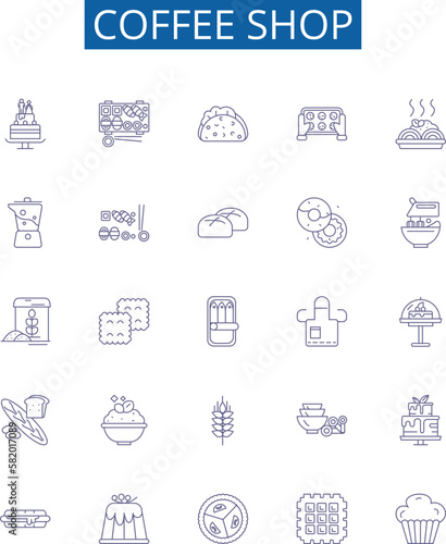 Coffee shop line icons signs set. Design collection of Cafe, Espresso, Latte, Coffee, Java, Mocha, Colombian, Frappe outline concept vector illustrations