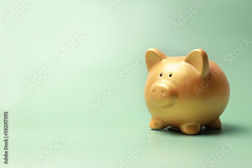 Gold piggy bank on green background