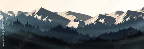 
mountains in the morning. vector illustration of mountain and pine forest. Landscape wallpapers for various designs.