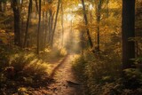 A path in a golden autumn forest environment with sunlight filtering through the trees. Generative AI