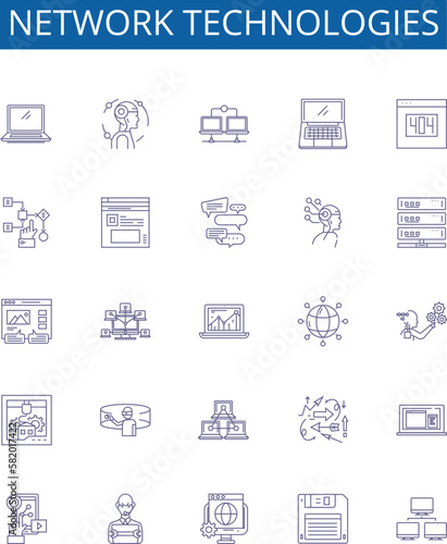 Network technologies line icons signs set. Design collection of Networking, Technologies, LAN, WAN, Routers, Switches, Bridges, Modems outline concept vector illustrations