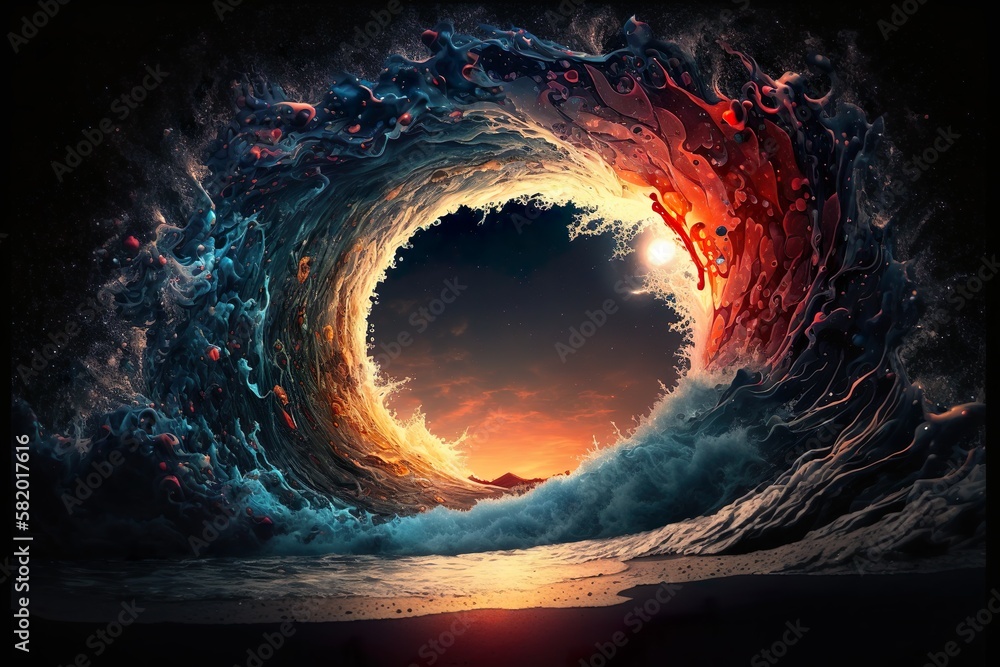 A powerful vortex wave crashes onto a serene beach at sunset, creating a stunning display of natural beauty.