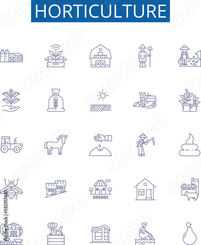 Horticulture line icons signs set. Design collection of Gardening, Nursery, Agronomy, Botany, Crops, Floriculture, Plants, Trees outline concept vector illustrations