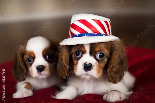 Two adorable Cavalier King Charles Spaniel puppies wearing a forth of July hat. - generative AI