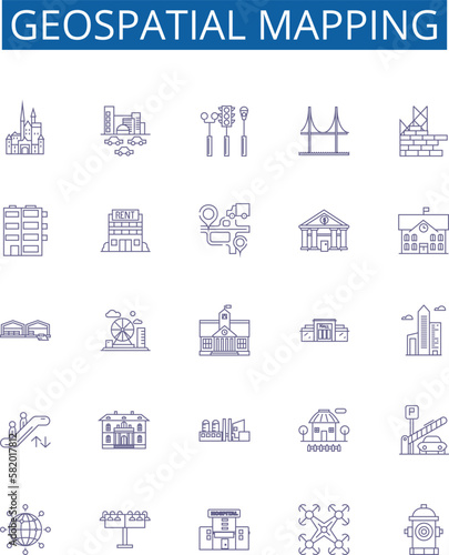 Geospatial mapping line icons signs set. Design collection of Geomapping, Geospatial, GIS, Mapping, Visualization, Surveying, Cartography, Analysis outline concept vector illustrations