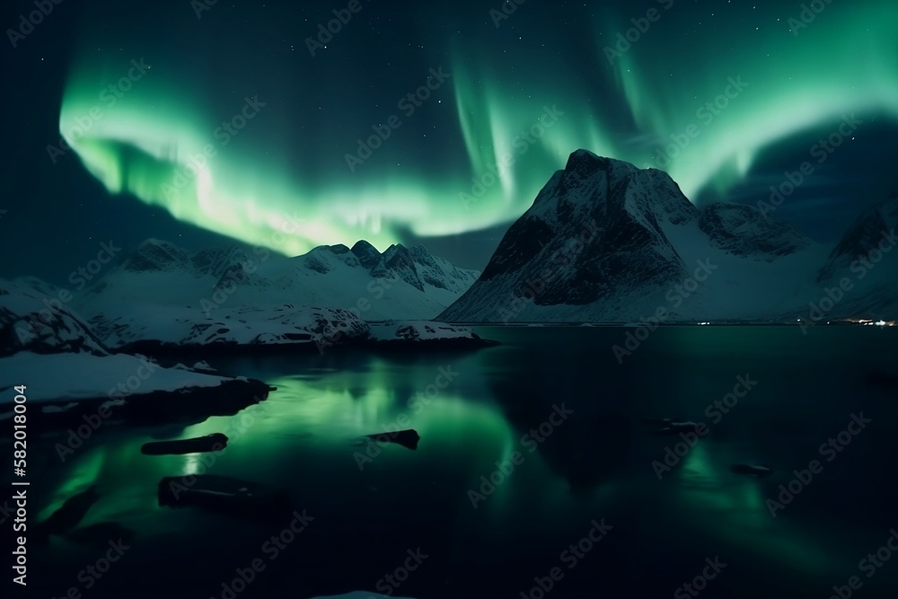 landscape with mountains and aurora borealis in the night sky Generative AI