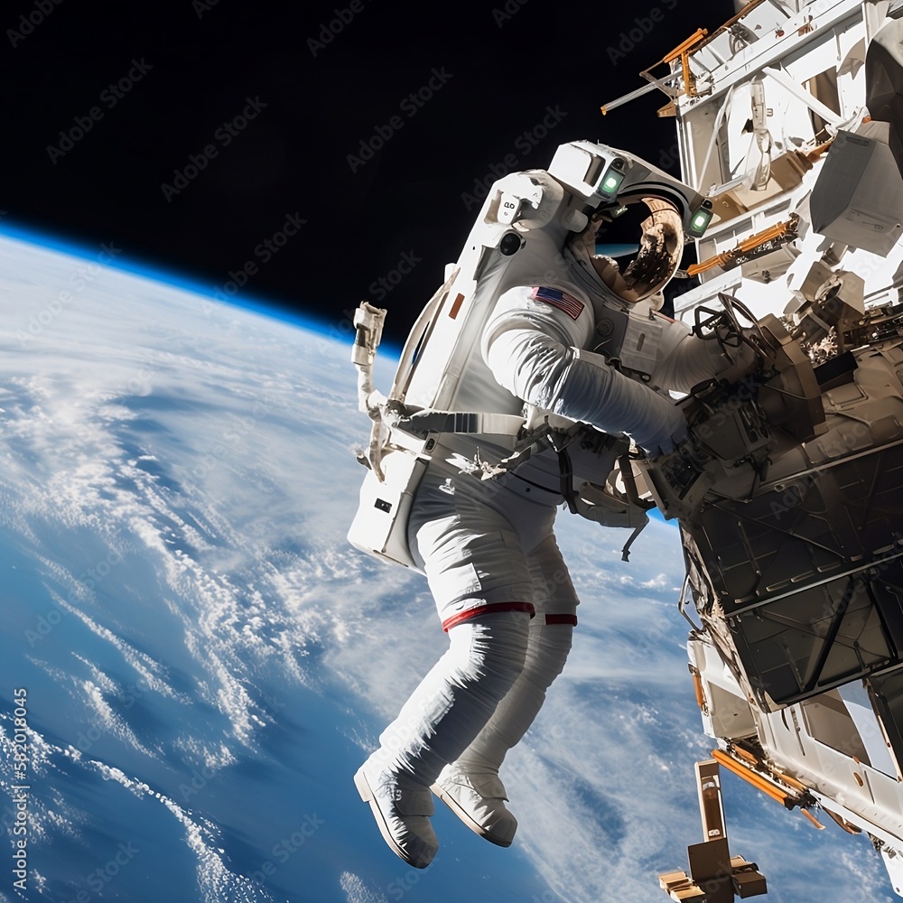 Naklejka premium astronaut in space on the outside of a spacestation performing repairs Generative AI