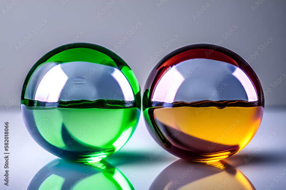 two glass see through spherical marbles with liquid inside