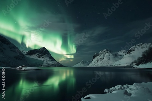 Arctic Winter Landscape at night with Aurora Borealis in the sky Generative AI