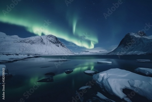 Arctic Night Landscape with Aurora Borealis in the Sky Generative AI