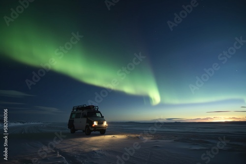 Van at arctic sunrise with aurora borealis in the sky Generative AI