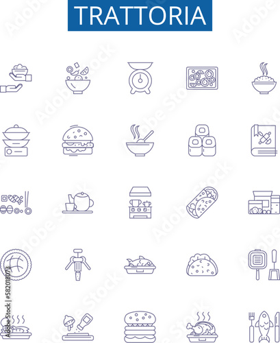 Trattoria line icons signs set. Design collection of Restaurant, Italian, Pizza, Pasta, Cuisine, Trattoria, Lunch, Dinner outline concept vector illustrations