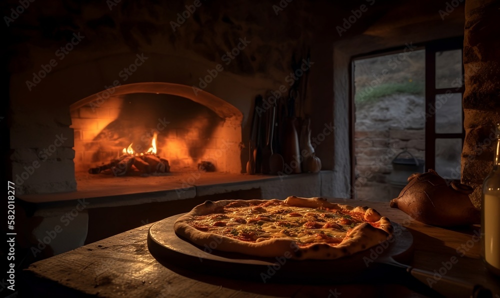 Stone pizza oven with baked pizza in kitchen Generative AI Stone pizza oven with baked pizza in kitchen Generative AI