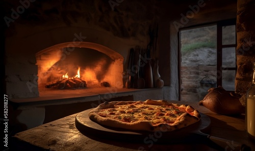 Stone pizza oven with baked pizza in kitchen Generative AI