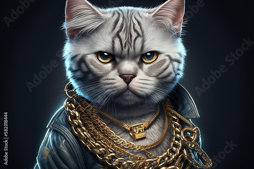 successful rapper boss with cat head in gangsta style with gold chains. Thug life character. Generative AI illustration photo
