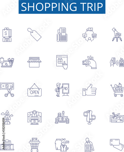 Shopping trip line icons signs set. Design collection of Shopping, Trip, Store, Purchase, Outing, Buy, Item, Shop outline concept vector illustrations