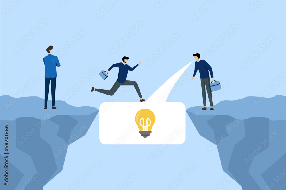 Advice concept, suggestions or solutions to solve business problems, guide to overcome difficulties or answers concept, businessman advisor talking with speech bubble to help people through gaps. Advice concept, suggestions or solutions to solve business problems, guide to overcome difficulties or answers concept, businessman advisor talking with speech bubble to help people through gaps.