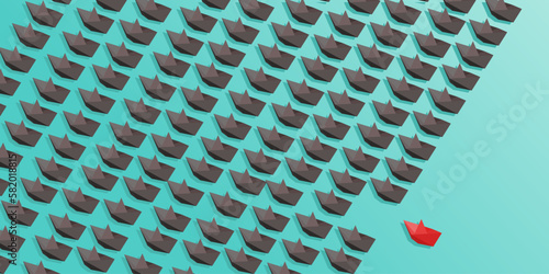 Leadership concept, thinking outside the box, teamwork and courage concept. Unique red and many white isometric paper ships on turquoise sea.