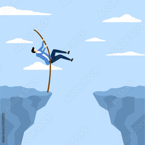 concept of solution or skill to achieve target, pole vault of confidence businessman jump over chasm abyss. Overcoming difficulties to achieve business success, challenges or determination for leaders