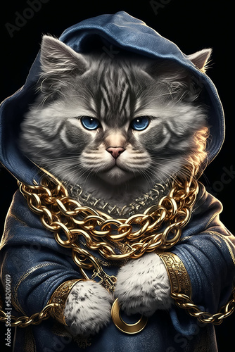 stylish fashionable cat rapper in gold chains. Generative AI illustration