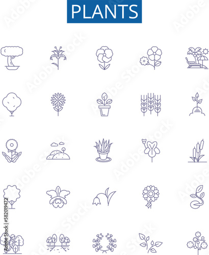 Plants line icons signs set. Design collection of Flora, Growth, Photosynthesis, Foliage, Algae, Trees, Shrubs, Petals outline concept vector illustrations